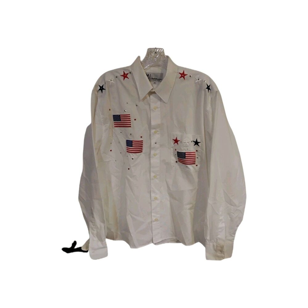 Mili‎ Designs Women's Medium Patriotic American White Long Sleeve Button Shirt